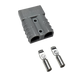 Roam Gear grey 50A Anderson plug in a rear left view with two contacts placed beside the housing.
