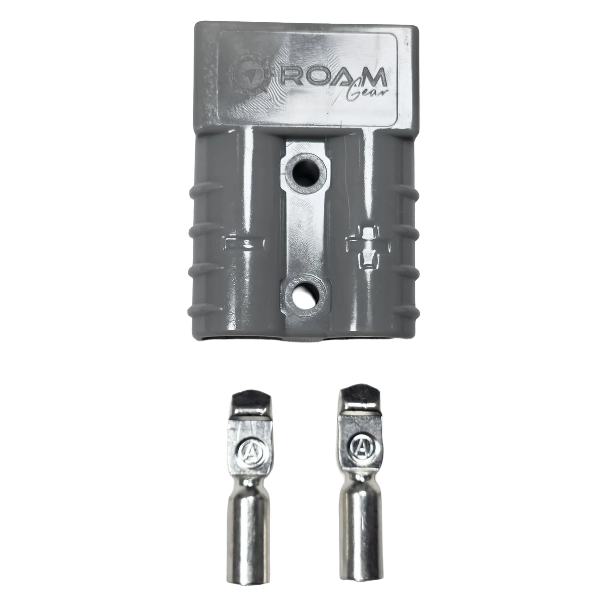 Roam Gear grey 50A Anderson plug top view with two loose metal contacts below the housing.