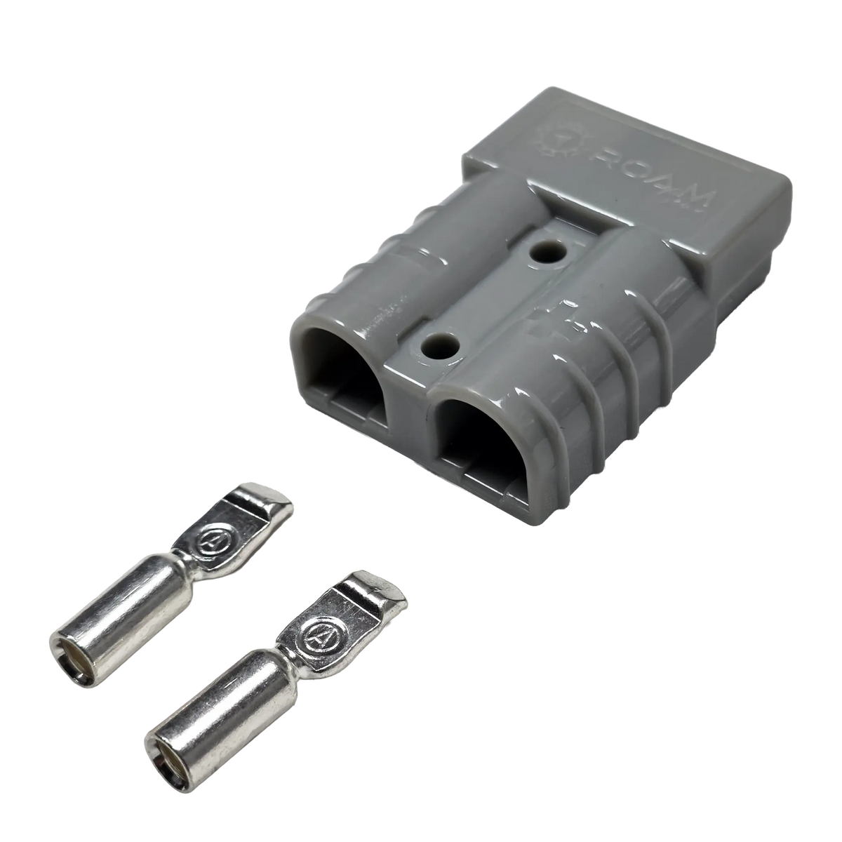 Roam Gear grey 50A Anderson plug in a rear right view with two loose contacts and cable entry openings.