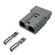 Roam Gear grey 50A Anderson plug in a rear right view with two loose contacts and cable entry openings.