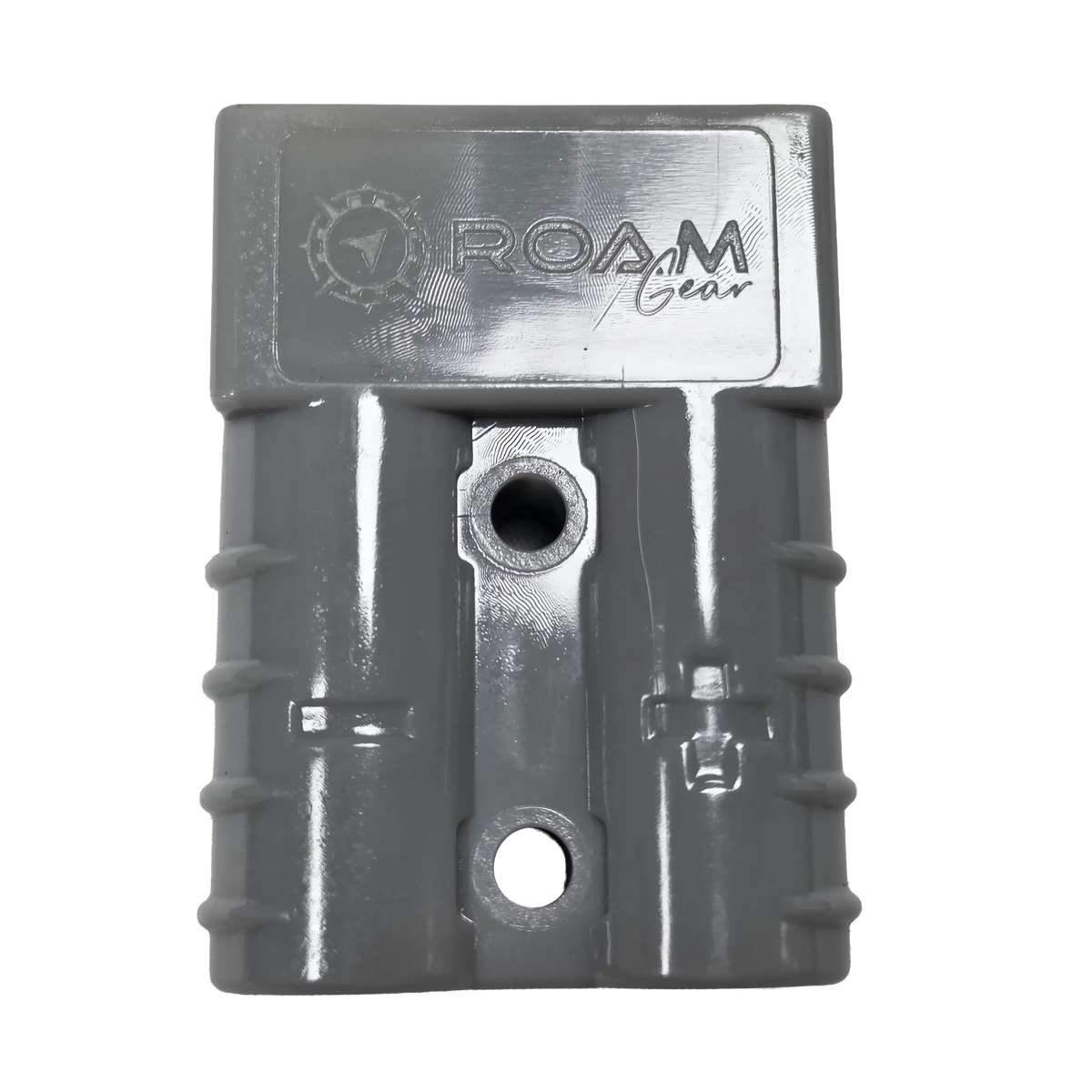 Roam Gear grey 50A Anderson plug viewed from above with the moulded logo and two mounting holes.
