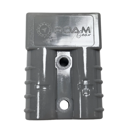 Roam Gear grey 50A Anderson plug viewed from above with the moulded logo and two mounting holes.