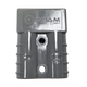 Roam Gear grey 50A Anderson plug viewed from above with the moulded logo and two mounting holes.
