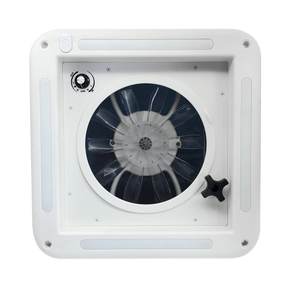 TRA 12V 280mm shower roof vent underside with fan, control dial and LED light strips.
