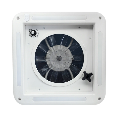 TRA 12V 280mm shower roof vent underside with fan, control dial and LED light strips.
