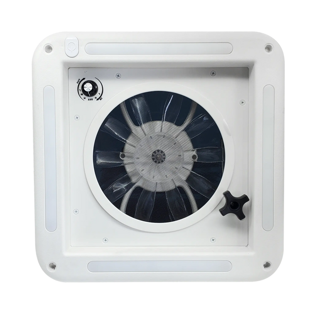TRA 12V 280mm shower roof vent underside with fan, control dial and LED light strips.