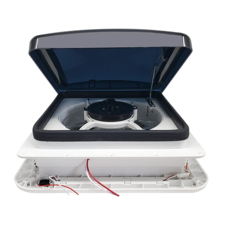 TRA 12V 280mm shower roof vent front view with dark lid open above the fan.
