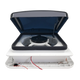 TRA 12V 280mm shower roof vent front view with dark lid open above the fan.
