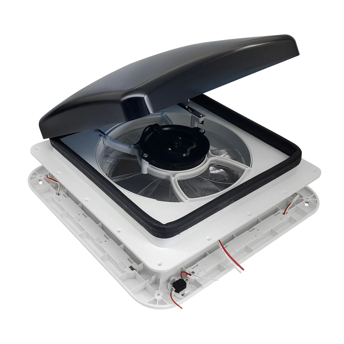 TRA 12V 280mm shower roof vent open side angle with fan and white mounting frame.