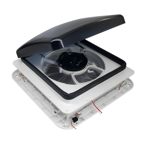 TRA 12V 280mm shower roof vent open side angle with fan and white mounting frame.