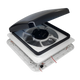 TRA 12V 280mm shower roof vent open side angle with fan and white mounting frame.