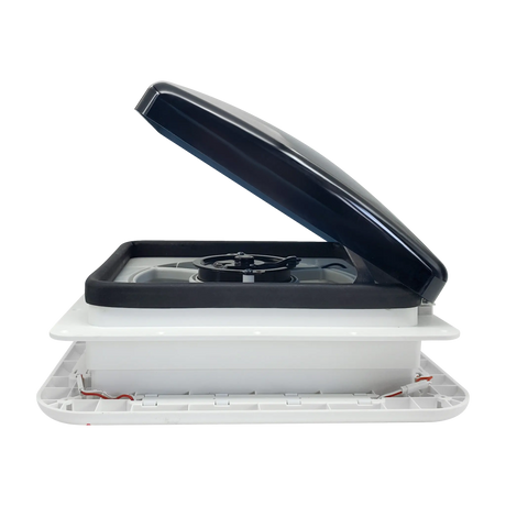 TRA 12V 280mm shower roof vent side view with the lid partially open.