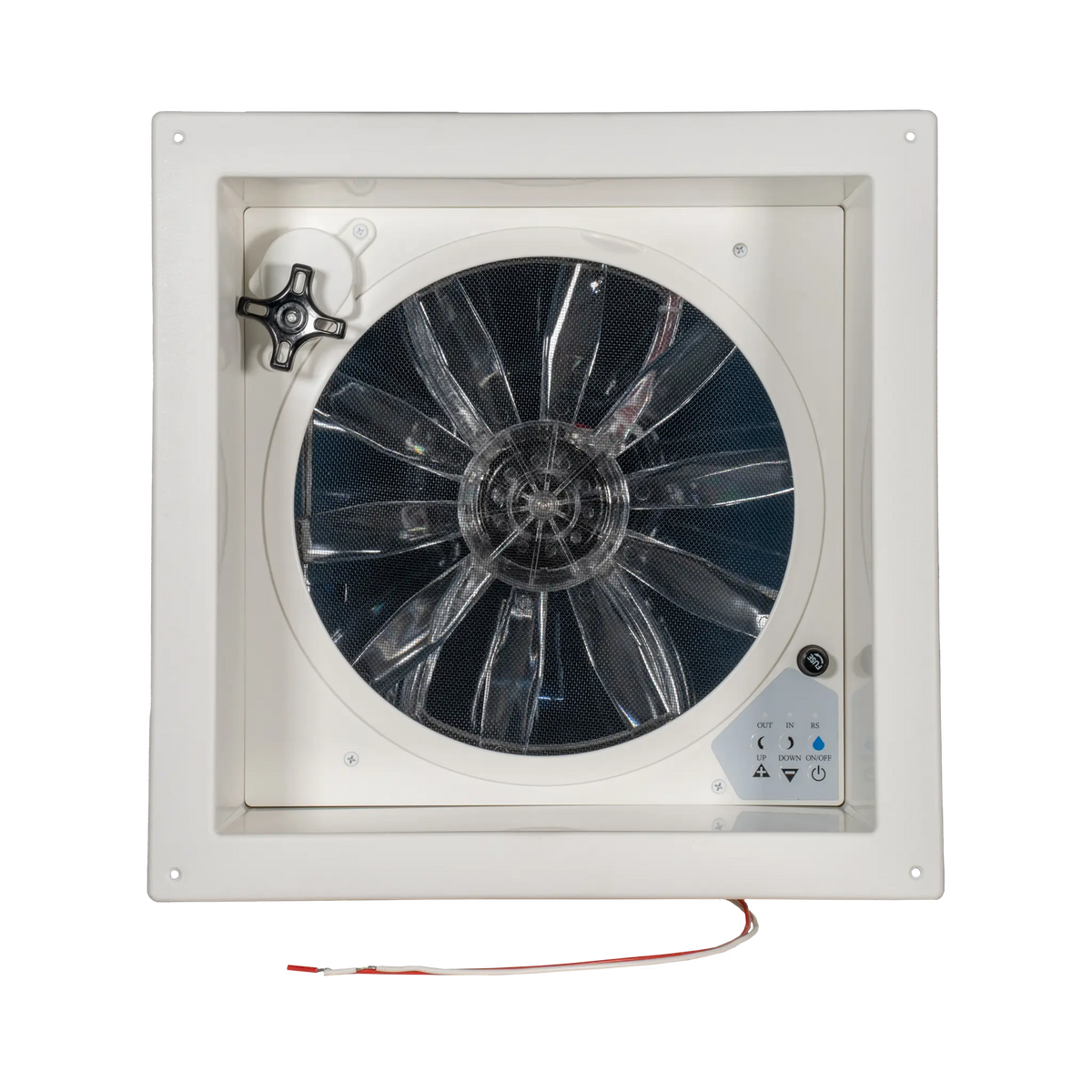 TRA 12V electric side vent roof hatch straight interior view with the fan, control panel and manual knob.