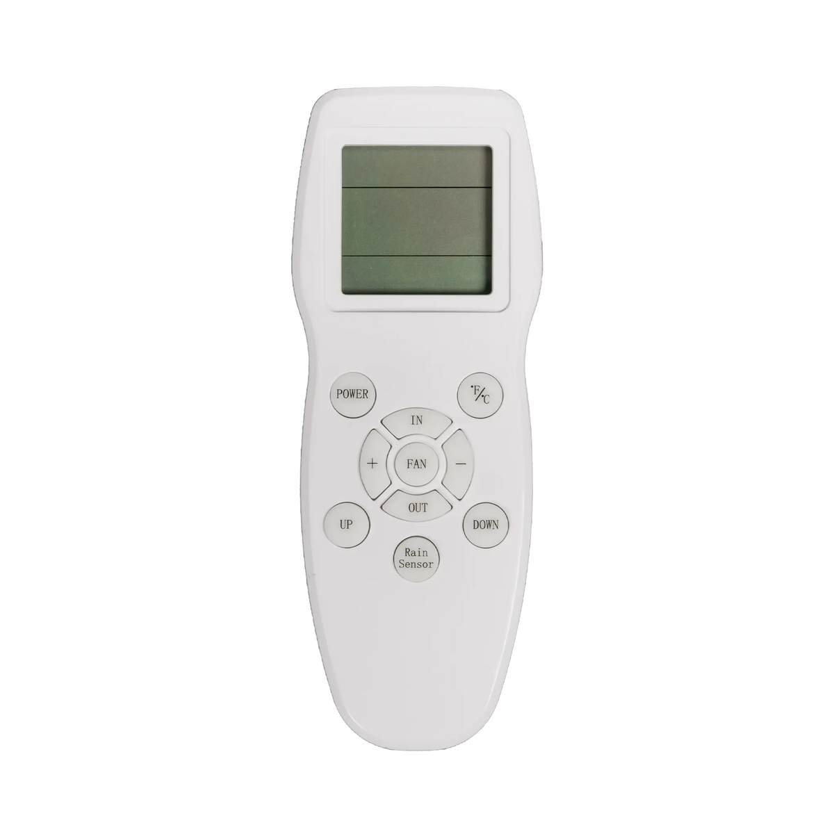 TRA 12V electric side vent roof hatch white remote front view with LCD screen and round control buttons.