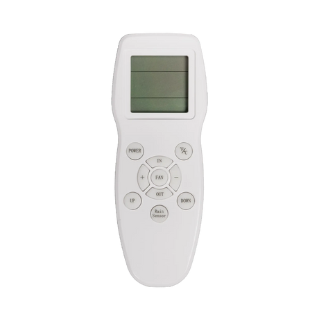TRA 12V electric side vent roof hatch white remote front view with LCD screen and round control buttons.