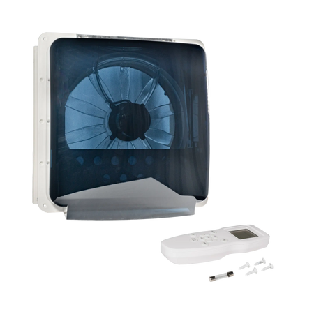 TRA 12V electric side vent roof hatch with its tinted lid closed beside a white remote, fuse and screws.