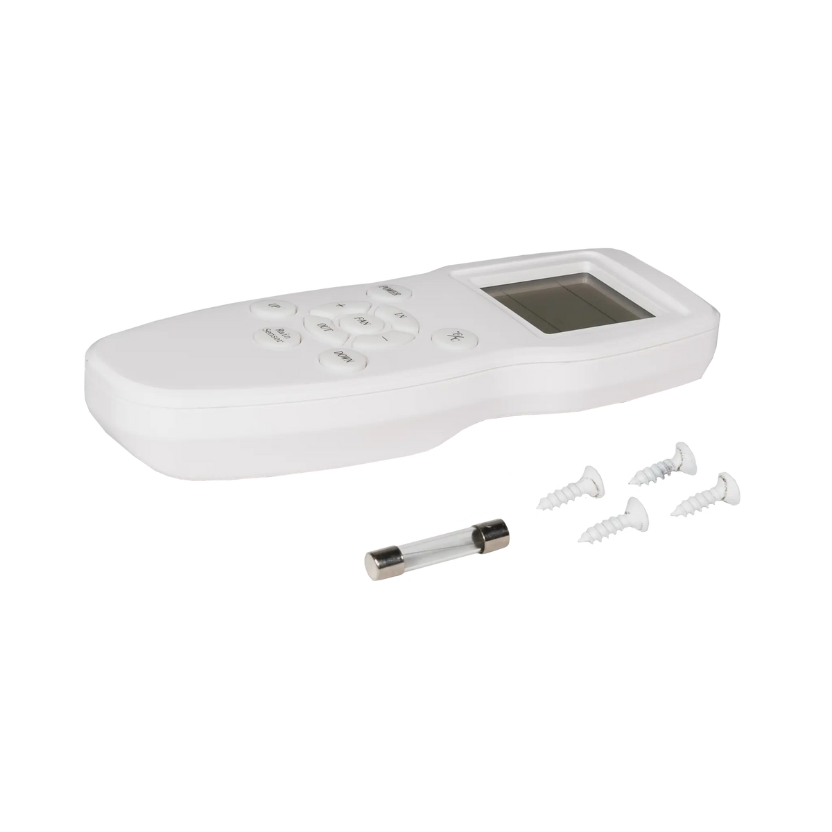 TRA 12V electric side vent roof hatch white remote angled view beside a glass fuse and four screws.