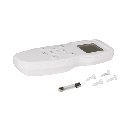 TRA 12V electric side vent roof hatch white remote angled view beside a glass fuse and four screws.