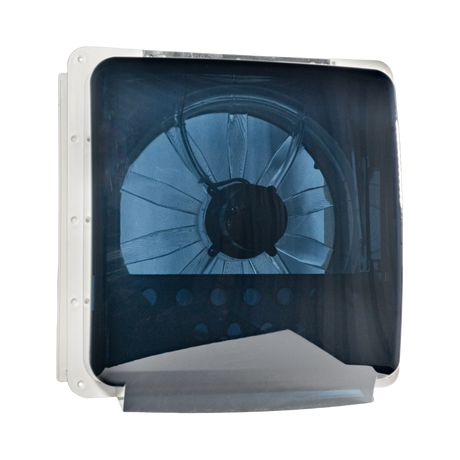 TRA 12V electric side vent roof hatch exterior view with the tinted lid closed over the fan.
