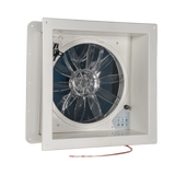 TRA 12V electric side vent roof hatch angled interior view with clear fan blades and a control panel.