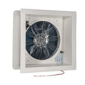 TRA 12V electric side vent roof hatch angled interior view with clear fan blades and a control panel.