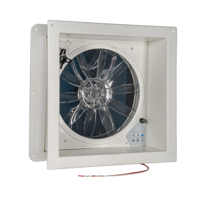 TRA 12V electric side vent roof hatch angled interior view with clear fan blades and a control panel.