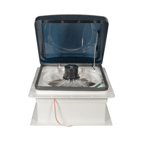 TRA 12V electric roof vent hatch with the tinted lid raised above the fan and motor.
