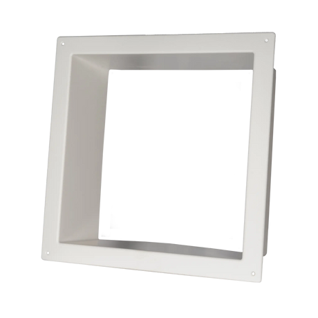 TRA 12V electric roof vent hatch white trim surround front view with a square opening and mounting holes.