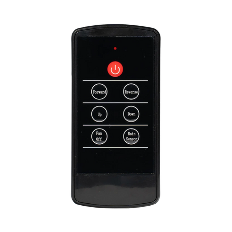 TRA 12V electric roof vent hatch black remote front view with power, direction and rain sensor buttons.