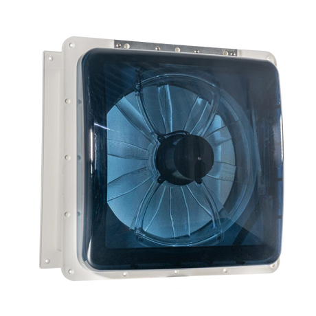 TRA 12V electric roof vent hatch exterior view with the closed tinted lid and fan blades visible beneath.