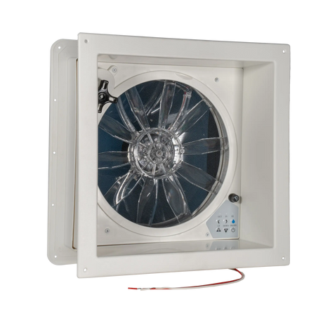 TRA 12V electric roof vent hatch angled interior view with the fan recessed in a white trim surround.
