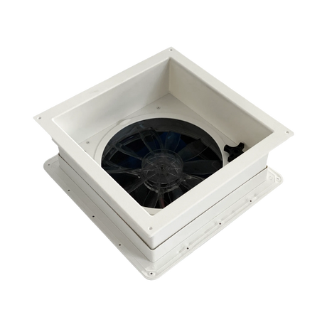 TRA 12V manual roof vent hatch diagonal interior view with its square surround, fan and opening knob.