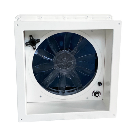 TRA 12V manual roof vent hatch interior view with fan blades, an opening knob and speed dial.