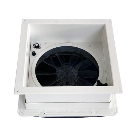 TRA 12V manual roof vent hatch viewed into the white surround with the fan, speed dial and switch visible.