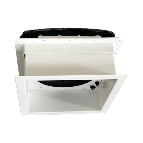 TRA 12V manual roof vent hatch side view showing the tinted lid, white housing and deep interior surround.