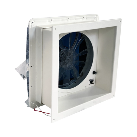 TRA 12V manual roof vent hatch angled interior view showing the deep white surround and fan.