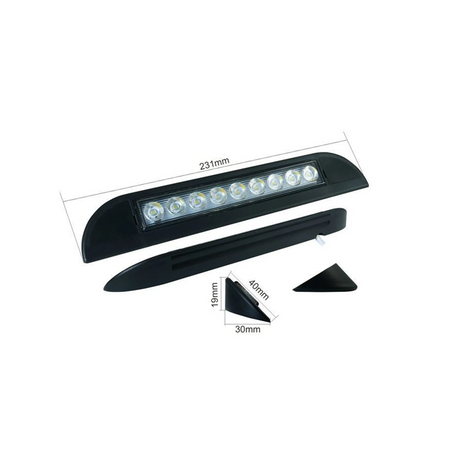 TRA 500 lumen 12V black LED awning light dimension diagram with a separate rear strip and end profile.