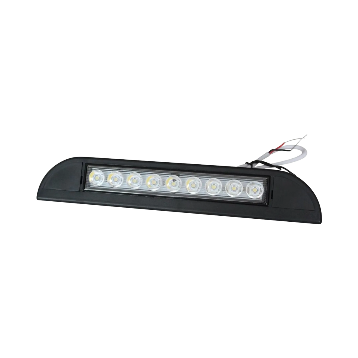 TRA 500 lumen 12V black LED awning light front view with round LEDs behind a clear lens and wiring above.