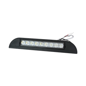 TRA 500 lumen 12V black LED awning light front view with round LEDs behind a clear lens and wiring above.