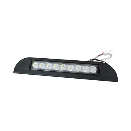 TRA 500 lumen 12V black LED awning light front view with round LEDs behind a clear lens and wiring above.
