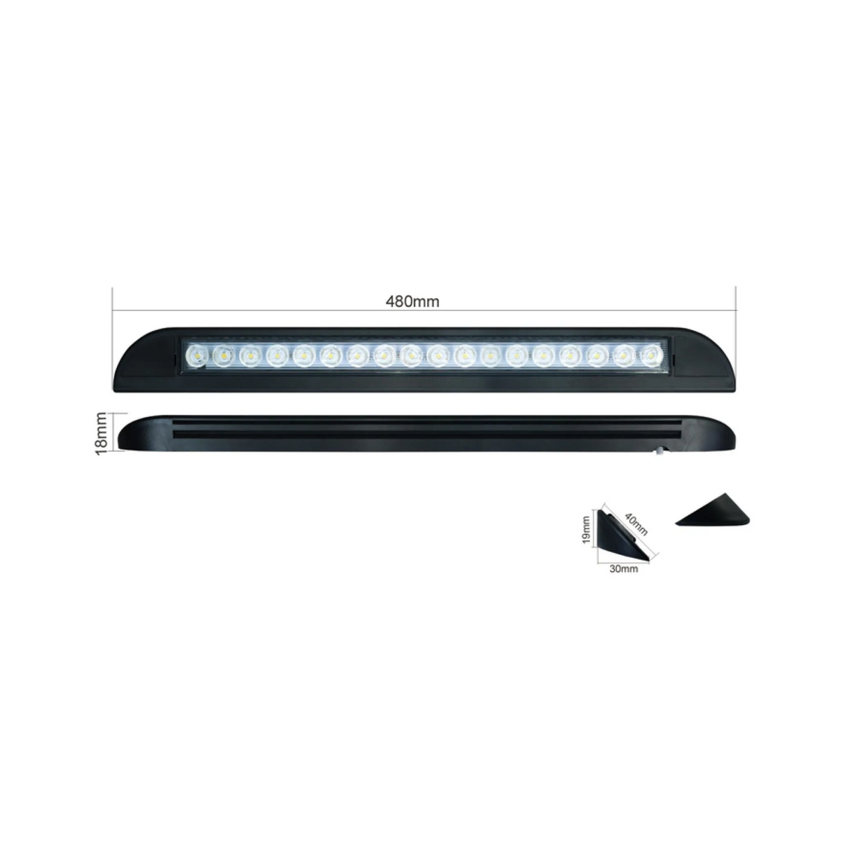TRA 900 lumen 12V black LED awning light dimension diagram with front, back and end views.