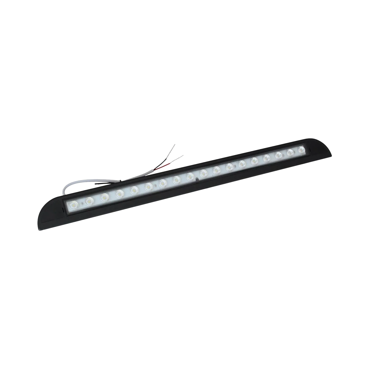 TRA 900 lumen 12V black LED awning light angled view with a long clear lens and wiring behind the housing.