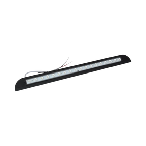 TRA 900 lumen 12V black LED awning light angled view with a long clear lens and wiring behind the housing.