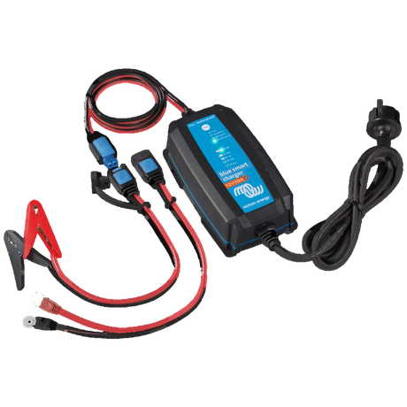 Victron Blue Smart IP65 10A 12V battery charger with mains lead, battery clamps and eyelet connectors.