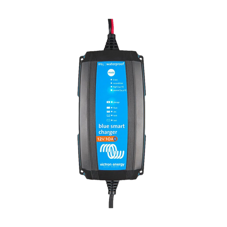 Victron Blue Smart IP65 10A 12V battery charger front view with charging mode indicators.