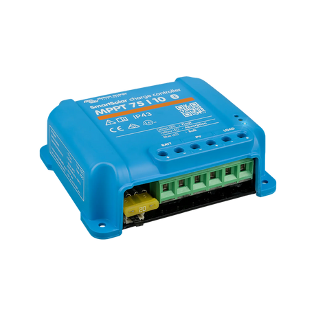 Victron SmartSolar MPPT 75/10 Bluetooth solar controller in a front-left angled view.
