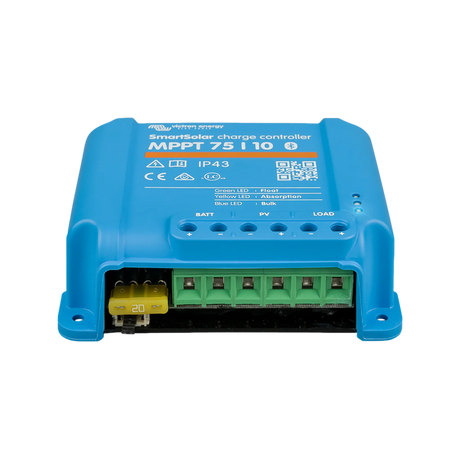 Victron SmartSolar MPPT 75/10 Bluetooth solar controller front view with fuse and terminal block.