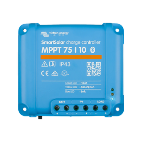 Victron SmartSolar MPPT 75/10 Bluetooth solar controller top view with label, status lights and terminals.