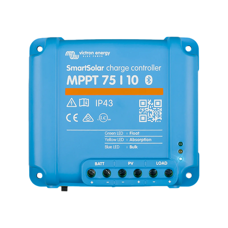 Victron SmartSolar MPPT 75/10 Bluetooth solar controller top view with label, status lights and terminals.