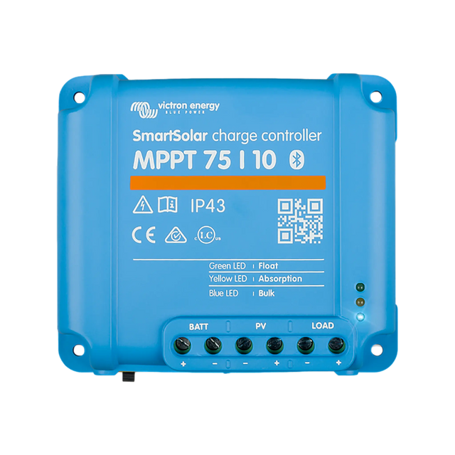 Victron SmartSolar MPPT 75/10 Bluetooth solar controller top view with label, status lights and terminals.